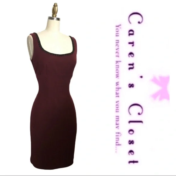 Nanette Lenore Burgundy & Black Whip Stitched Sleeveless Sheath Dress & Blazer. - Picture 3 of 6